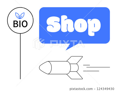 Bio signage with a leaf, blue Shop text in a speech bubble, and a rocket. Ideal for online stores, eco-friendly products, rapid delivery services, marketing, or modern business concepts. Style Bio signage with a leaf, blue Shop text in a speech bubble, and a rocket. Ideal for online stores, eco-friendly products, rapid delivery services, marketing, or modern business concepts. Style 124349430