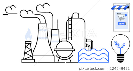 Industrial factory with smokestacks alongside symbols of online shopping and a light bulb with a tree inside. Ideal for industry, manufacturing, energy resources, e-commerce, technology, environment Industrial factory with smokestacks alongside symbols of online shopping and a light bulb with a tree inside. Ideal for industry, manufacturing, energy resources, e-commerce, technology, environment 124349451