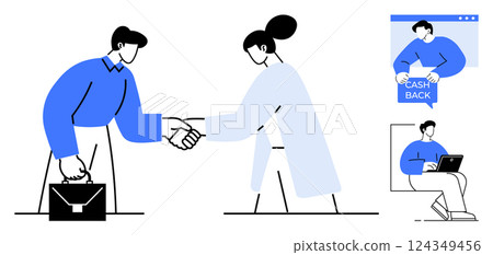 Two characters shaking hands, one with briefcase, promotes business agreement. Smaller images individual holding Cash Back sign and person using laptop. Ideal for business, partnerships, finance 124349456