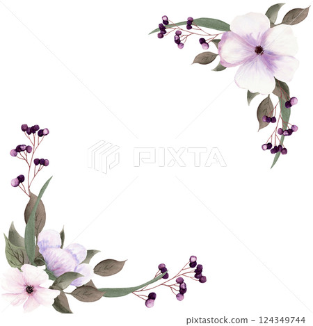 Fantasy brown and light purple leaves, flowers and berries square frame by watercolor. 124349744
