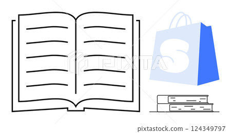 Simple black-and-white open book next to blue shopping bag with S on it and a stack of two books. Ideal for education, online shopping, literature, bookstores, digital library. Minimalist vector 124349797
