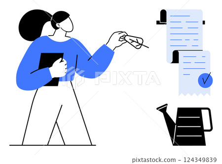 Person holding notebook ticks item off a checklist. Ideal for productivity planning time management goal setting daily tasks and reminders. Simple minimalistic vector art in blue black white Person holding notebook ticks item off a checklist. Ideal for productivity planning time management goal setting daily tasks and reminders. Simple minimalistic vector art in blue black white 124349839