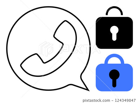 A phone in a speech bubble next to two padlocks highlighting call protection. Ideal for privacy, communication, safety, cybersecurity, and encryption. Simple vector art style. Features black and blue A phone in a speech bubble next to two padlocks highlighting call protection. Ideal for privacy, communication, safety, cybersecurity, and encryption. Simple vector art style. Features black and blue 124349847