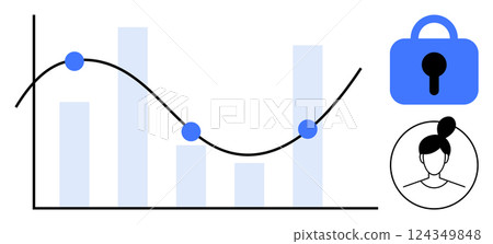 Bar and line graph with security lock and person icon. Ideal for data analysis, privacy, cybersecurity, statistics, and business strategy. Clean and modern style. Blue and white tones are used Bar and line graph with security lock and person icon. Ideal for data analysis, privacy, cybersecurity, statistics, and business strategy. Clean and modern style. Blue and white tones are used 124349848