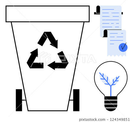 Recycling bin with symbol, document with checkmark, and lightbulb with plant inside. Ideal for sustainability, recycling, environmental awareness, waste management, green energy. Modern minimal style Recycling bin with symbol, document with checkmark, and lightbulb with plant inside. Ideal for sustainability, recycling, environmental awareness, waste management, green energy. Modern minimal style 124349851