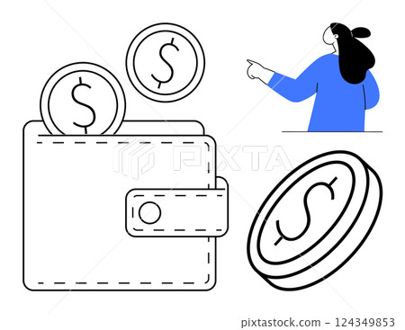 Wallet with coins symbolizes money management. Woman in blue points towards the wallet. Ideal for finance, budgeting, saving, investments, economic education. Minimalist lines, vector graphic, modern Wallet with coins symbolizes money management. Woman in blue points towards the wallet. Ideal for finance, budgeting, saving, investments, economic education. Minimalist lines, vector graphic, modern 124349853