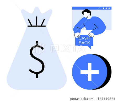 Large money bag with dollar sign, person holding cash back sign, and a plus icon Ideal for finance, online shopping, savings, e-commerce, marketing. Simplistic and modern vector style 124349873