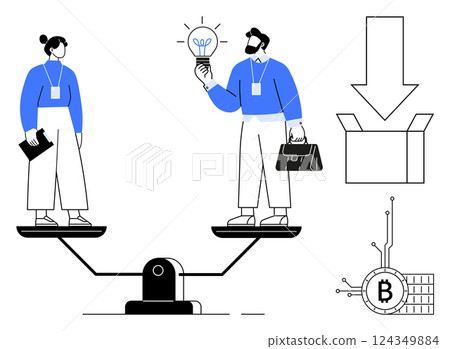 Two business professionals stand on opposite sides of a balancing scale. One holds a notebook, and the other presents a light bulb representing an idea. Ideal for topics on teamwork, balance Two business professionals stand on opposite sides of a balancing scale. One holds a notebook, and the other presents a light bulb representing an idea. Ideal for topics on teamwork, balance 124349884