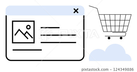 Online shopping interface with a product details window showcasing an image, text, and a shopping cart symbol. Ideal for digital sales, ecommerce platforms, online retail, web design, and UI UX Online shopping interface with a product details window showcasing an image, text, and a shopping cart symbol. Ideal for digital sales, ecommerce platforms, online retail, web design, and UI UX 124349886