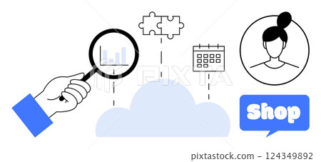 Hand holding magnifying glass, cloud icon, puzzle piece, calendar, profile avatar and shop icon. Ideal for cloud computing, data analysis, online shopping, digital workspace and business planning Hand holding magnifying glass, cloud icon, puzzle piece, calendar, profile avatar and shop icon. Ideal for cloud computing, data analysis, online shopping, digital workspace and business planning 124349892