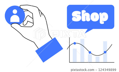 Hand holding user profile, shop sign with speech bubble, and graph with data points include elements in this vector, ideal for e-commerce, digital marketing, customer analysis, business analytics 124349899