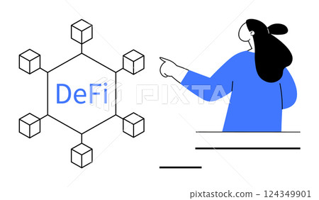 Diagram with labeled central block connected to others surrounding person pointing. Ideal for blockchain, finance, education, technology, and investment themes. Modern minimalist style 124349901