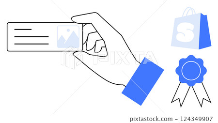 A hand holds a business card, while a shopping bag and a ribbon badge are visible. Ideal for business, shopping, e-commerce, marketing, and awards. Clean and vector style with simple colors 124349907