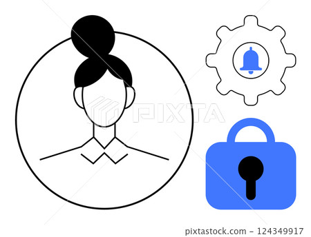 Simplified style shows a female profile silhouette in a circle, accompanied by a gear with a bell notification icon and a blue lock symbol. Ideal for user privacy, account protection, notifications Simplified style shows a female profile silhouette in a circle, accompanied by a gear with a bell notification icon and a blue lock symbol. Ideal for user privacy, account protection, notifications 124349917