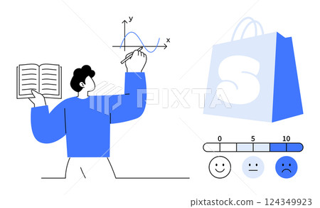 Person reading book and analyzing graph. Shopping bag with letter S. Satisfaction scale with happy and sad faces. Ideal for learning, commerce, customer experience, data analysis, and market Person reading book and analyzing graph. Shopping bag with letter S. Satisfaction scale with happy and sad faces. Ideal for learning, commerce, customer experience, data analysis, and market 124349923