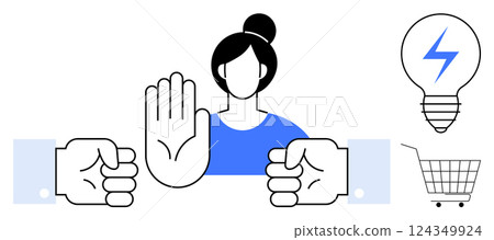A person showcases a stop gesture with surrounding elements including a lightbulb, a shopping cart, and raised fists. Ideal for communication, caution, shopping, creativity, and conflict themes. Flat A person showcases a stop gesture with surrounding elements including a lightbulb, a shopping cart, and raised fists. Ideal for communication, caution, shopping, creativity, and conflict themes. Flat 124349924