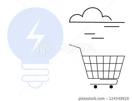 Blue light bulb with a lightning bolt and a black shopping cart under a cloud. Ideal for energy conservation, e-commerce, sustainability, minimalistic design, modern shopping concepts. Simple, clean 124349928