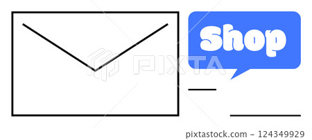 Envelope symbol and blue speech bubble with Shop word. Ideal for marketing, emailing, e-commerce, communication, online shopping. Minimalist style emphasizing digital interaction and commercial 124349929