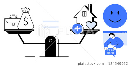A balance scale with a briefcase and money bag on one side, and a house with a heart symbol on the other side. Ideal for financial planning, work-life balance, mental health, family values 124349932