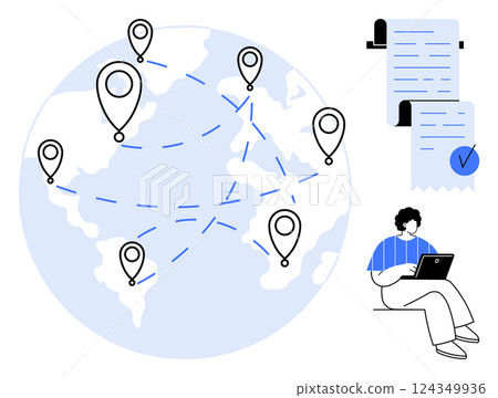 A map with location markers represents worldwide connectivity. A person with a laptop and online documents signify remote work and digital documentation. Ideal for globalization, technology, remote 124349936