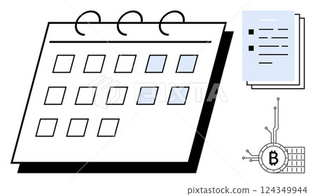 Simple design of a calendar with highlighted dates alongside documents and a Bitcoin symbol. Ideal for business planning, scheduling, organization, cryptocurrency management, and digital finance Simple design of a calendar with highlighted dates alongside documents and a Bitcoin symbol. Ideal for business planning, scheduling, organization, cryptocurrency management, and digital finance 124349944