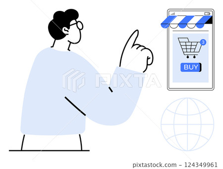 A person is pointing at a mobile device with a shopping cart icon and a BUY button on the screen. Ideal for e-commerce, online shopping, mobile apps, digital marketing, retail technology. Simple 124349961