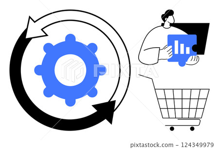 Gear with arrows, person holding a graph, and shopping cart. Ideal for business processes, data analysis, e-commerce, workflow automation, and performance tracking. Minimalist vector style Gear with arrows, person holding a graph, and shopping cart. Ideal for business processes, data analysis, e-commerce, workflow automation, and performance tracking. Minimalist vector style 124349979