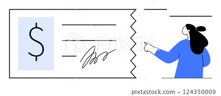Blank check with dollar sign and signature. Person in blue sweater pointing at check. Ideal for banking, finance, payments, money transactions, and financial education. Simple design style Blank check with dollar sign and signature. Person in blue sweater pointing at check. Ideal for banking, finance, payments, money transactions, and financial education. Simple design style 124350009