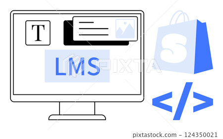 Digital illustration of a computer screen displaying LMS text, a text icon, an image icon, a shopping bag, and code brackets. Ideal for online education, e-commerce, digital content, web development 124350021