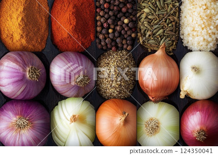 Colorful onions and spices creating a flavorful culinary scene 124350041