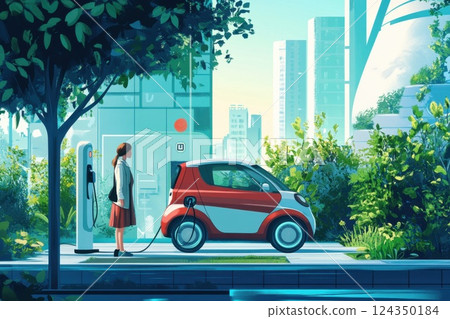 Businesswoman charging electric car in futuristic city with green trees 124350184