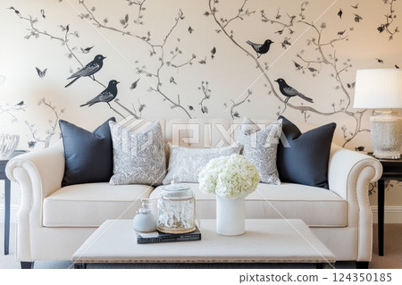 Elegant living room with bird wallpaper and sofa decor 124350185