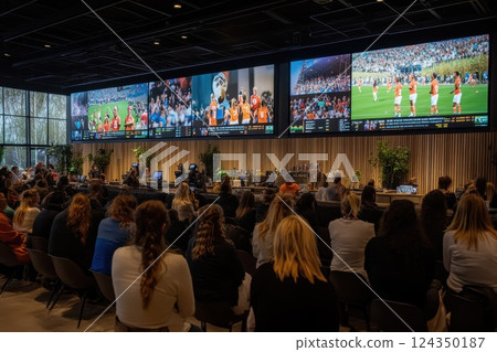 Spectators watching live football match on multiple screens in sports bar 124350187