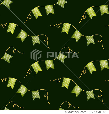 Hand drawn watercolor bunting flags pattern. Green seamless ornament with festive elements. Delicate holiday style. Suitable for textiles, wallpapers, packaging, scrapbooking 124350188
