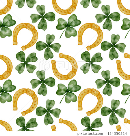Hand drawn watercolor clovers and horseshoes pattern . Green shamrocks and golden lucky symbols create a festive seamless ornament. Perfect for textiles, wallpapers, packaging, scrapbooking 124350214