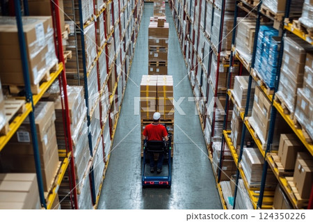 Logistics worker transporting packaged goods on a pallet truck in a warehouse 124350226