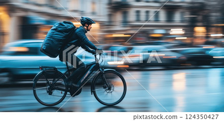 Deliveryman riding electric bicycle in city traffic at dusk 124350427