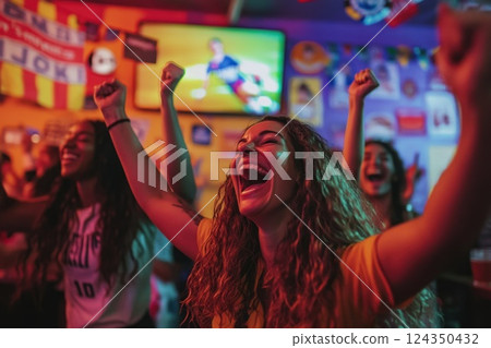 Excited fans celebrating goal in sports bar, raising arms and shouting 124350432