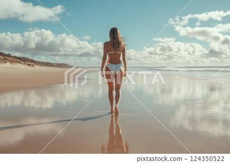 Tourist walking on tropical beach on sunny day with clouds and ocean waves 124350522