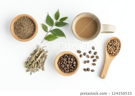 Coffee beans, ground coffee, herbs and coffee cup arranged on white background 124350533