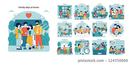 Cozy family life set. Everyday moments from morning routines to family game nights. Highlights daily activities and bonding in a cheerful, home setting. Vector illustration. 124350800