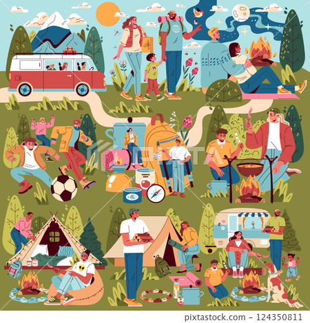 Family camping scene filled with activities like hiking, cooking, and enjoying time around a campfire. Various generations share smiles and experiences amidst nature, capturing the spirit of adventure 124350811
