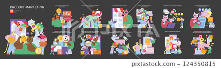 Product marketing pack illustrating various strategies for promoting new products and analyzing market demand. Techniques include loyalty programs and pricing strategies essential for success. Vector 124350815
