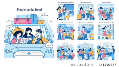 People on the Road concept. A vibrant scene of travelers engaging in various activities during their journeys. It depicts families, solo travelers, and digital nomads navigating airport and road 124350827