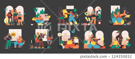 Fitness illustration featuring diverse characters engaging in various workout activities. The scenes depict teamwork, determination, and playful interactions, emphasizing a healthy lifestyle. Vector 124350832