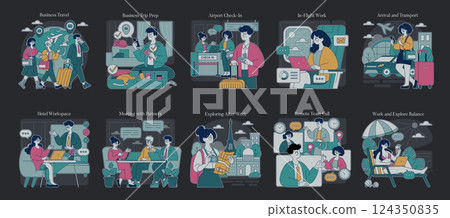 Business Travel Set. Illustrating various stages of business travel, including preparation, airport check-in, in-flight work, and remote team meetings. Highlights the balance between work and 124350835