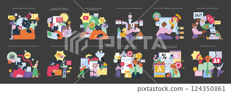 Marketing tools for effective audience engagement and content delivery. Steps for creating customer personas, optimizing strategies, and enhancing customer interactions. Key for brand growth. Vector 124350861