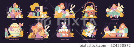 Easter celebration illustrations full of joyful activities including egg decoration, family gatherings, and crafting. Scenes capture warm moments like egg hunts and preparing festive meals together. 124350872