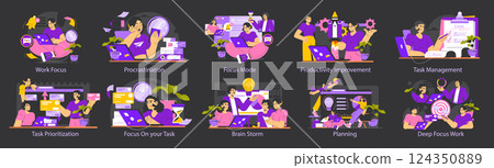 Work focus related illustration highlighting various aspects including task prioritization, productivity improvement, and managing procrastination. Strategies to enhance focus and improve efficiency Work focus related illustration highlighting various aspects including task prioritization, productivity improvement, and managing procrastination. Strategies to enhance focus and improve efficiency 124350889