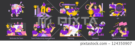 Goal Achievement concept. Emphasizes teamwork, motivation, and success through effective planning and focus on KPIs. Encourages productivity improvement and celebrating milestones to achieve goals Goal Achievement concept. Emphasizes teamwork, motivation, and success through effective planning and focus on KPIs. Encourages productivity improvement and celebrating milestones to achieve goals 124350907